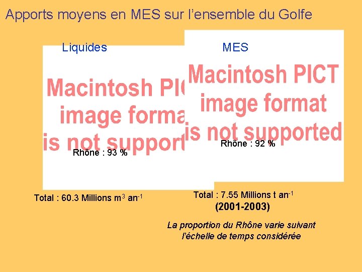 Apports moyens en MES sur l’ensemble du Golfe Liquides Rhône : 93 % Total