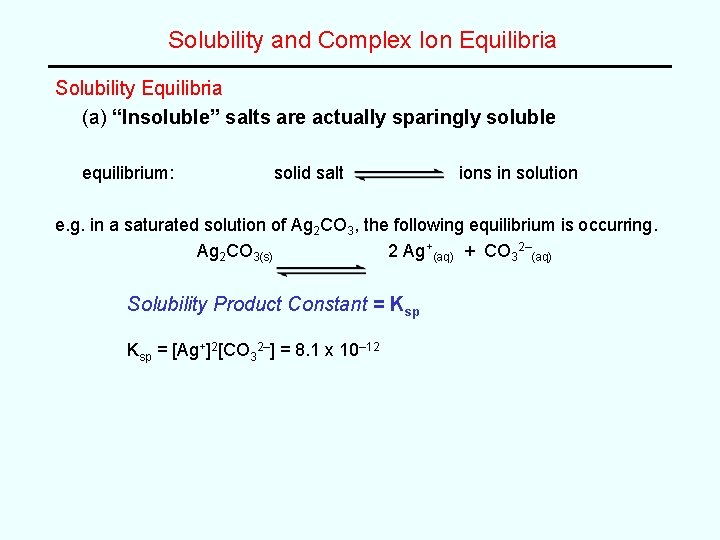 Solubility and Complex Ion Equilibria Solubility Equilibria (a) “Insoluble” salts are actually sparingly soluble
