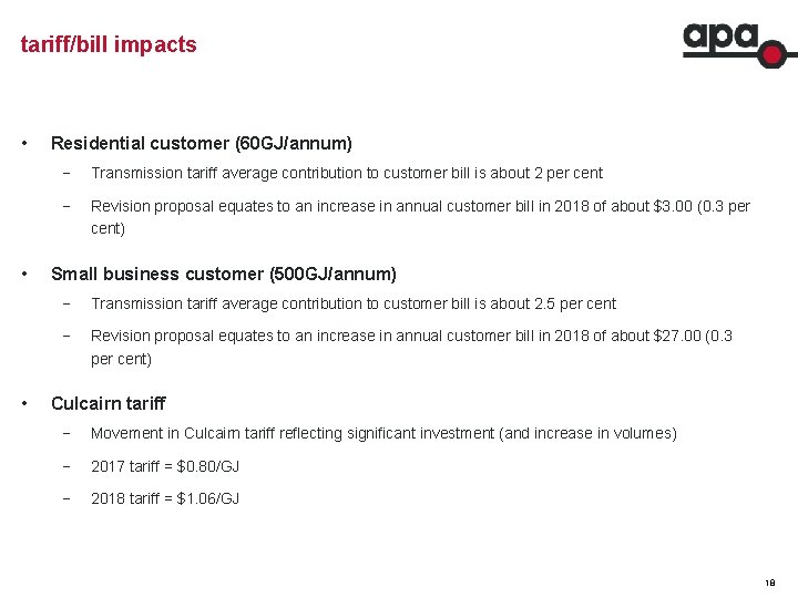 tariff/bill impacts • • • Residential customer (60 GJ/annum) − Transmission tariff average contribution