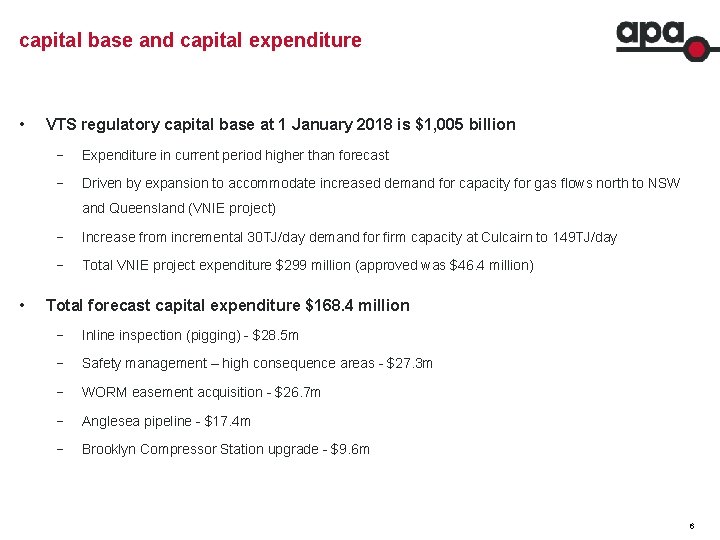 capital base and capital expenditure • VTS regulatory capital base at 1 January 2018