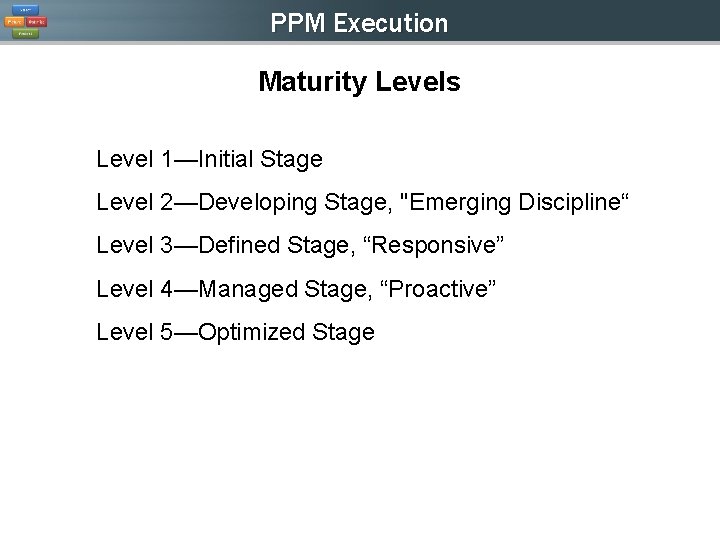 PPM Execution Maturity Levels Level 1—Initial Stage Level 2—Developing Stage, "Emerging Discipline“ Level 3—Defined PPM Execution Maturity Levels Level 1—Initial Stage Level 2—Developing Stage, "Emerging Discipline“ Level 3—Defined