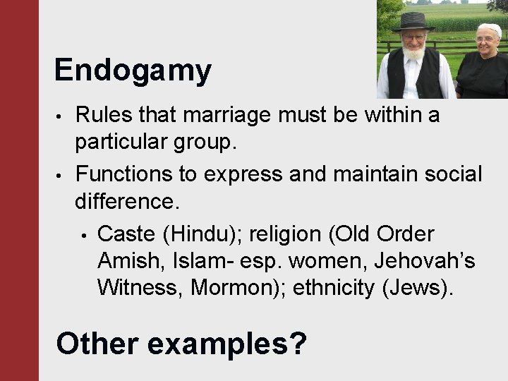 Endogamy • • Rules that marriage must be within a particular group. Functions to