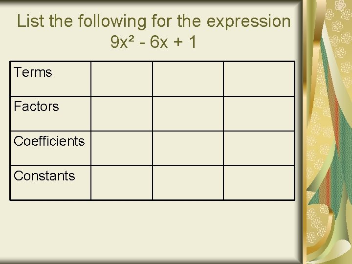 List the following for the expression 9 x² - 6 x + 1 Terms
