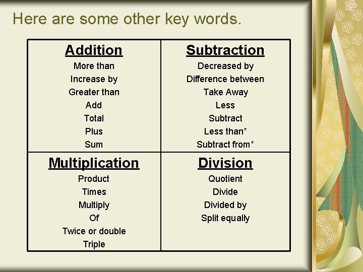 Here are some other key words. Addition Subtraction More than Increase by Greater than