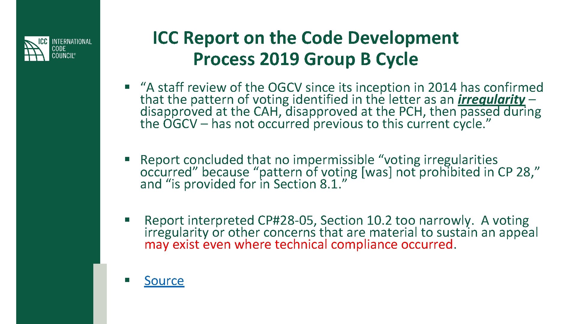 ICC Report on the Code Development Process 2019 Group B Cycle § “A staff