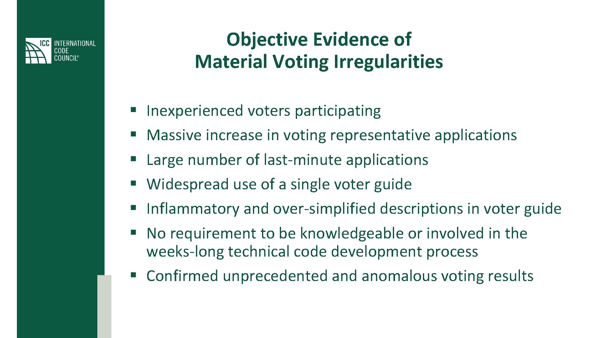 Objective Evidence of Material Voting Irregularities Inexperienced voters participating Massive increase in voting representative