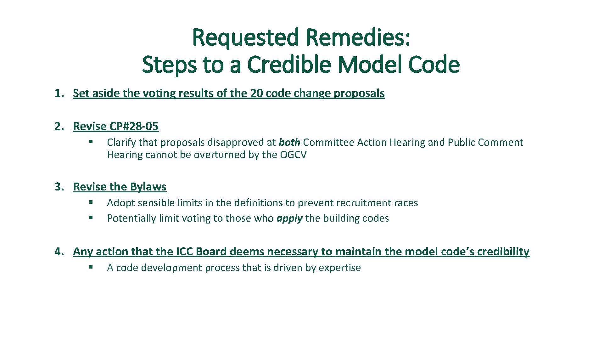 Requested Remedies: Steps to a Credible Model Code 1. Set aside the voting results