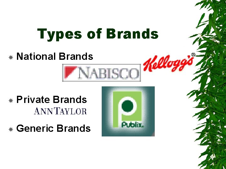 Types of Brands National Brands Private Brands Generic Brands 