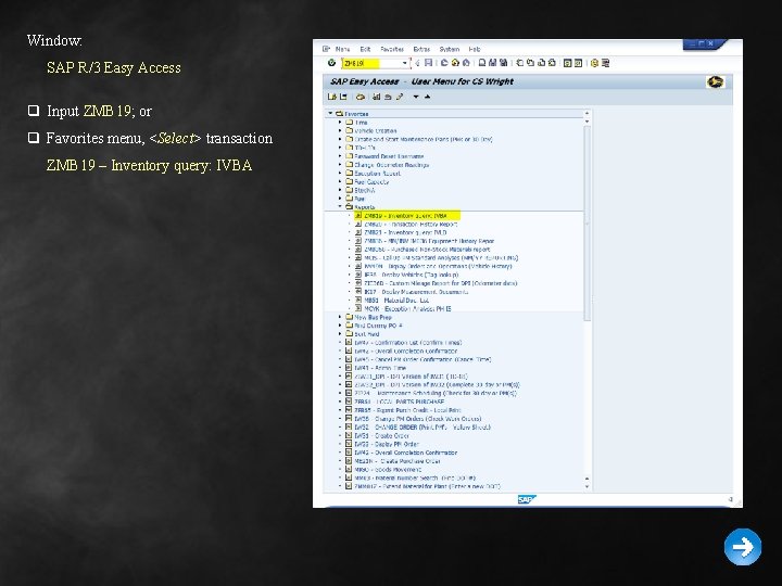 Window: SAP R/3 Easy Access q Input ZMB 19; or q Favorites menu, <Select>