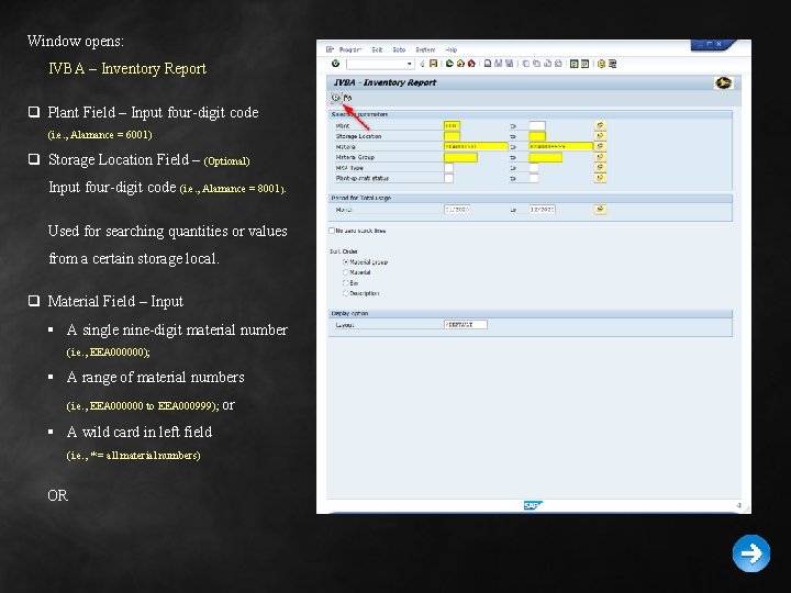 Window opens: IVBA – Inventory Report q Plant Field – Input four-digit code (i.
