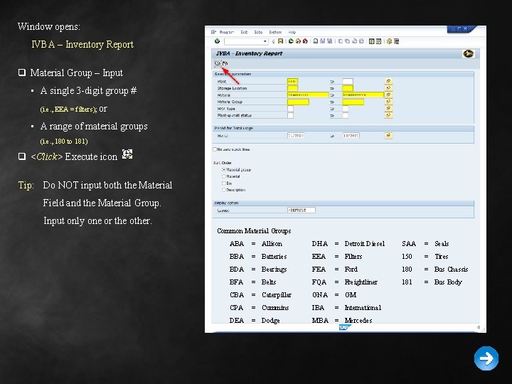 Window opens: IVBA – Inventory Report q Material Group – Input • A single