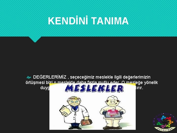 KENDİNİ TANIMA DEĞERLERİMİZ , seçeceğimiz meslekle ilgili değerlerimizin örtüşmesi bizi o meslekte daha fazla