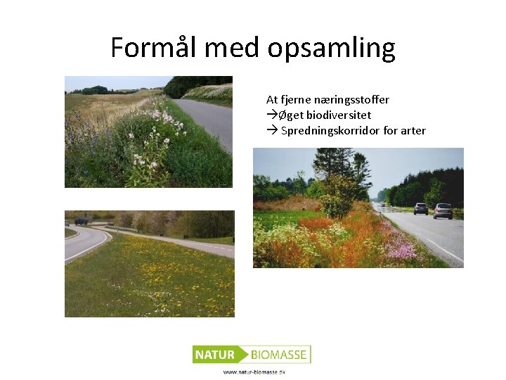 Formål med opsamling At fjerne næringsstoffer Øget biodiversitet Spredningskorridor for arter 