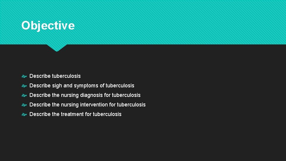 Objective Describe tuberculosis Describe sigh and symptoms of tuberculosis Describe the nursing diagnosis for