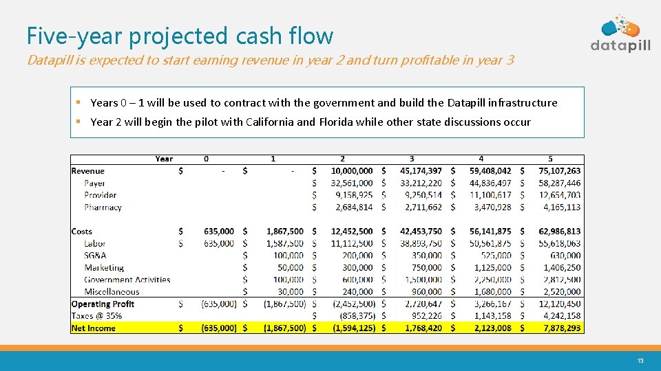 Five-year projected cash flow Datapill is expected to start earning revenue in year 2