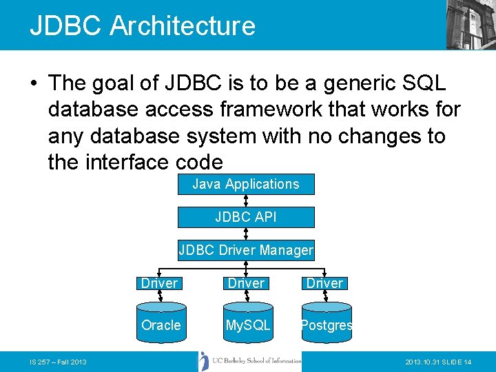 JDBC Architecture • The goal of JDBC is to be a generic SQL database