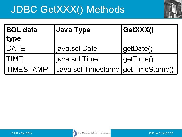 JDBC Get. XXX() Methods SQL data type DATE TIMESTAMP IS 257 – Fall 2013