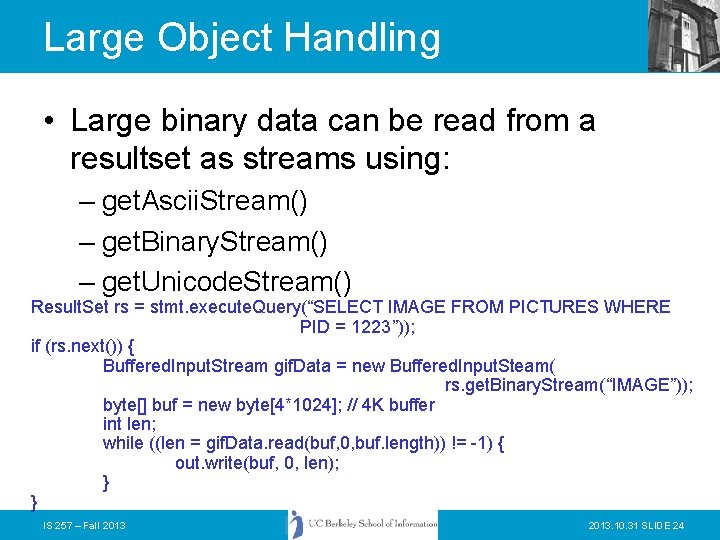 Large Object Handling • Large binary data can be read from a resultset as