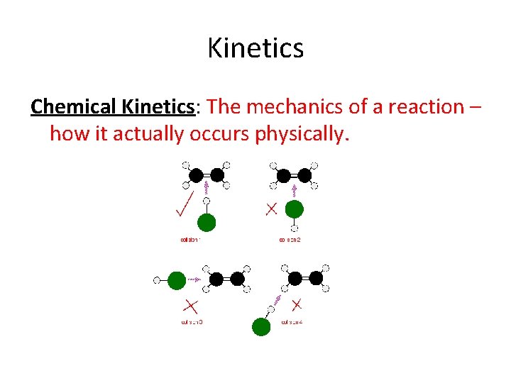 Kinetics Chemical Kinetics: The mechanics of a reaction – how it actually occurs physically.