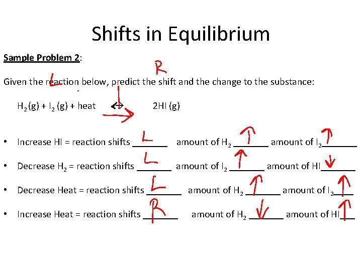 Shifts in Equilibrium Sample Problem 2: Given the reaction below, predict the shift and