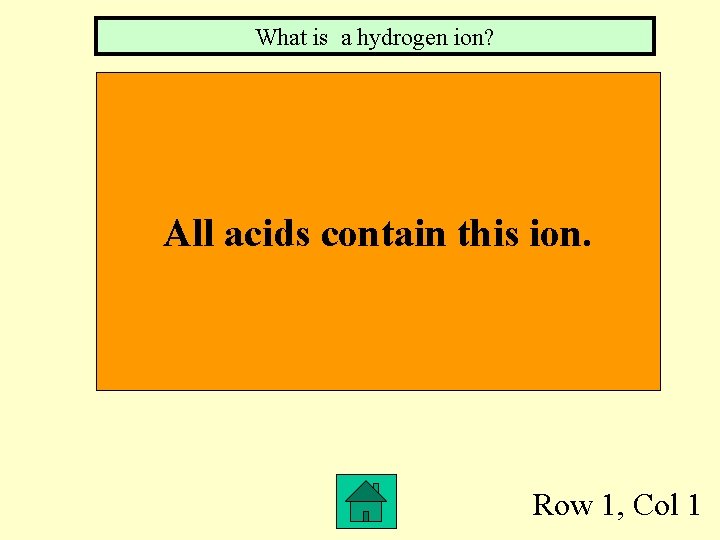 What is a hydrogen ion? All acids contain this ion. Row 1, Col 1