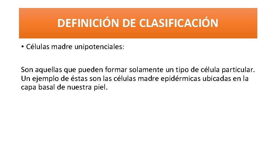 DEFINICIÓN DE CLASIFICACIÓN • Células madre unipotenciales: Son aquellas que pueden formar solamente un