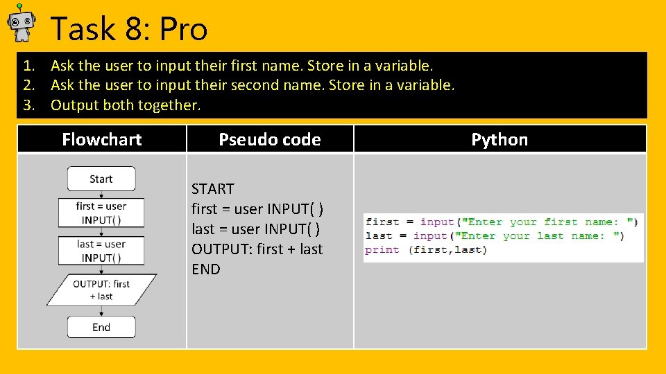 Task 8: Pro 1. Ask the user to input their first name. Store in Task 8: Pro 1. Ask the user to input their first name. Store in