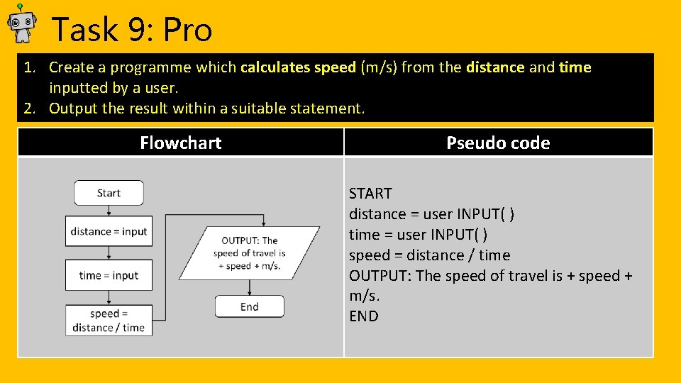 Task 9: Pro 1. Create a programme which calculates speed (m/s) from the distance Task 9: Pro 1. Create a programme which calculates speed (m/s) from the distance