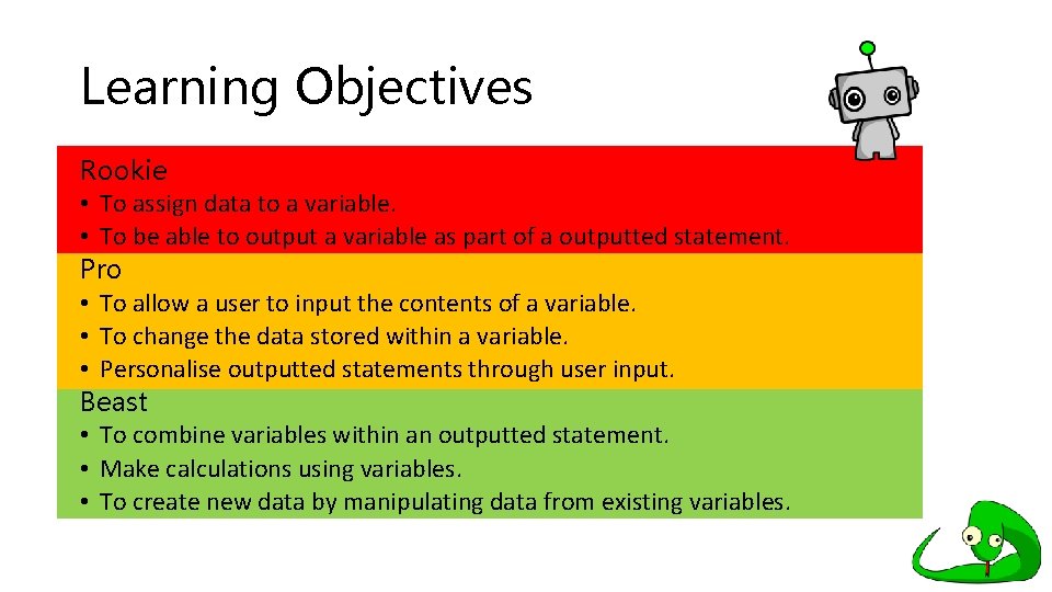 Learning Objectives Rookie • To assign data to a variable. • To be able Learning Objectives Rookie • To assign data to a variable. • To be able