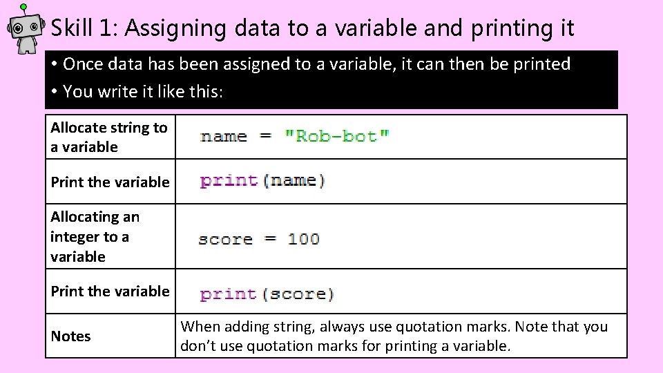 Skill 1: Assigning data to a variable and printing it • Once data has Skill 1: Assigning data to a variable and printing it • Once data has