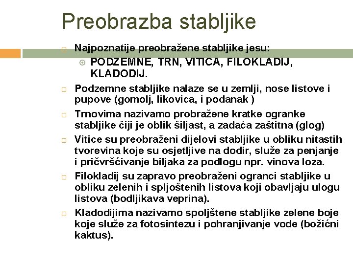 Preobrazba stabljike Najpoznatije preobražene stabljike jesu: PODZEMNE, TRN, VITICA, FILOKLADIJ, KLADODIJ. Podzemne stabljike nalaze