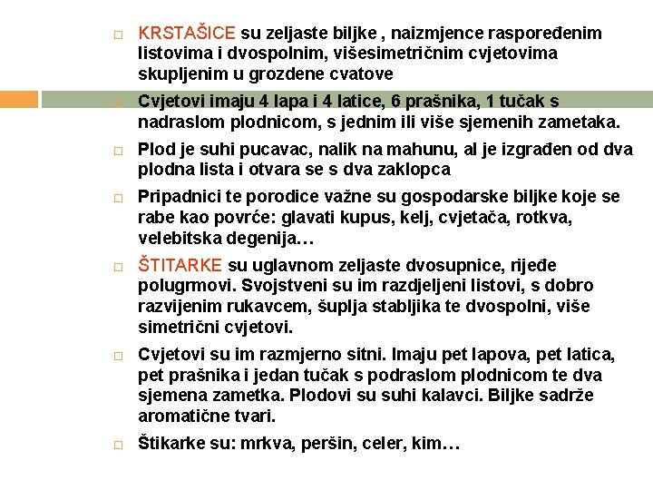  KRSTAŠICE su zeljaste biljke , naizmjence raspoređenim listovima i dvospolnim, višesimetričnim cvjetovima skupljenim