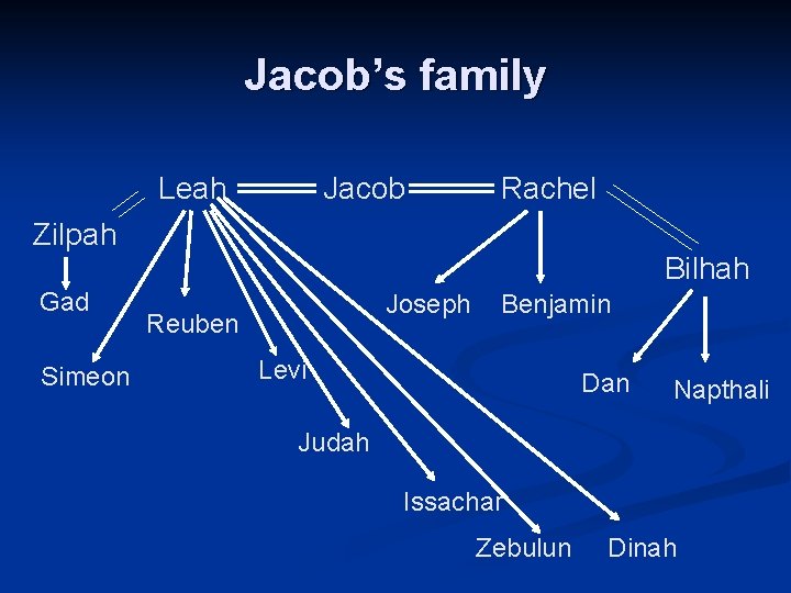 Jacob’s family Leah Jacob Rachel Zilpah Bilhah Gad Simeon Joseph Reuben Benjamin Levi Dan