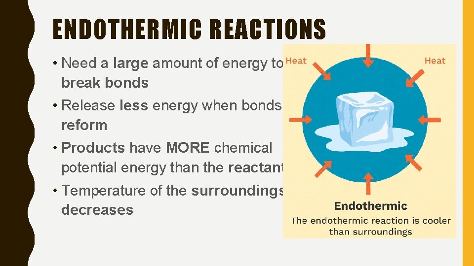 ENDOTHERMIC REACTIONS • Need a large amount of energy to break bonds • Release