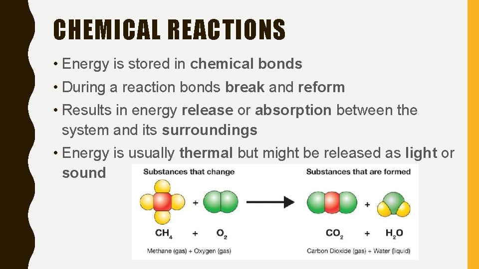 CHEMICAL REACTIONS • Energy is stored in chemical bonds • During a reaction bonds