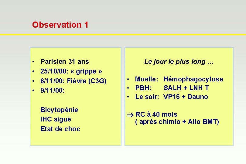 Observation 1 • • Parisien 31 ans 25/10/00: « grippe » 6/11/00: Fièvre (C