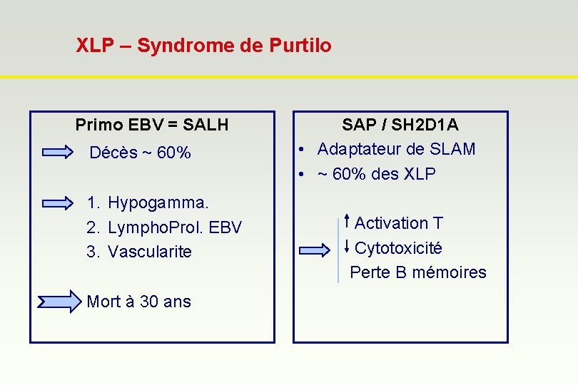 XLP – Syndrome de Purtilo Primo EBV = SALH Décès ~ 60% 1. Hypogamma.