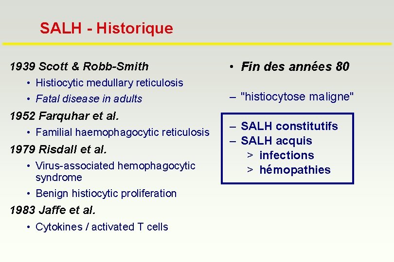 SALH - Historique 1939 Scott & Robb-Smith • Histiocytic medullary reticulosis • Fatal disease