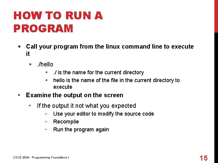 HOW TO RUN A PROGRAM § Call your program from the linux command line