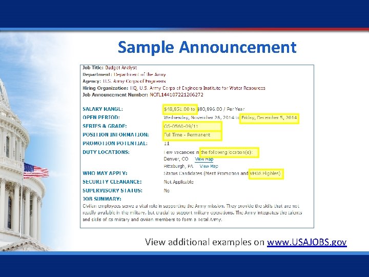 Sample Announcement View additional examples on www. USAJOBS. gov 