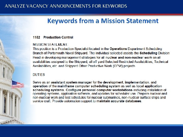 ANALYZE VACANCY ANNOUNCEMENTS FOR KEYWORDS Keywords from a Mission Statement 