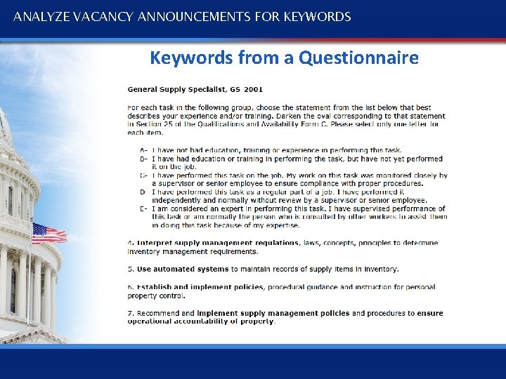 ANALYZE VACANCY ANNOUNCEMENTS FOR KEYWORDS Keywords from a Questionnaire 