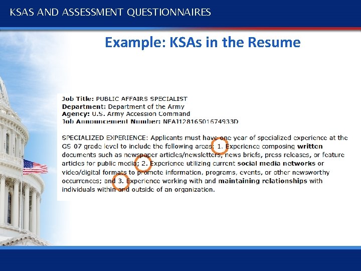 KSAS AND ASSESSMENT QUESTIONNAIRES Example: KSAs in the Resume 