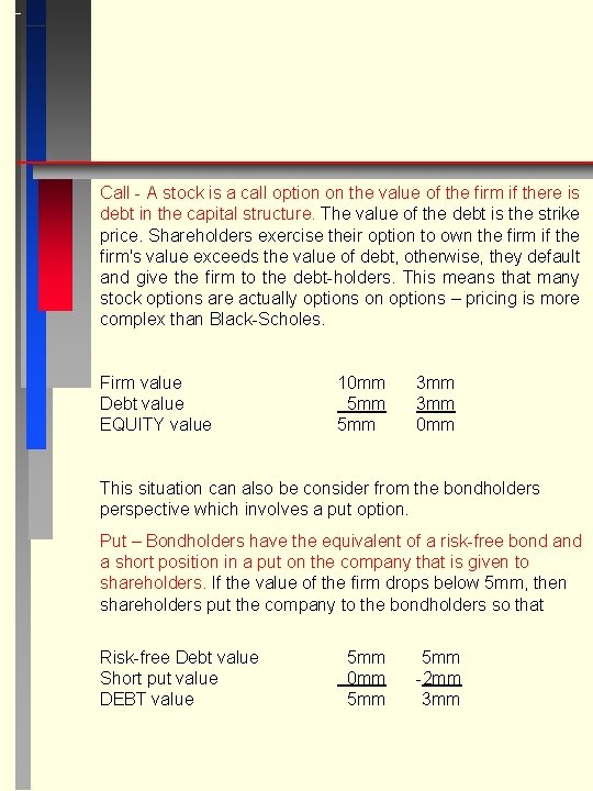 Call - A stock is a call option on the value of the firm