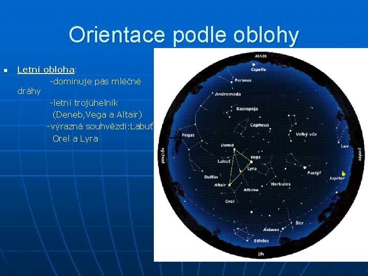 Orientace podle oblohy n Letní obloha: -dominuje pás mléčné dráhy -letní trojúhelník (Deneb, Vega