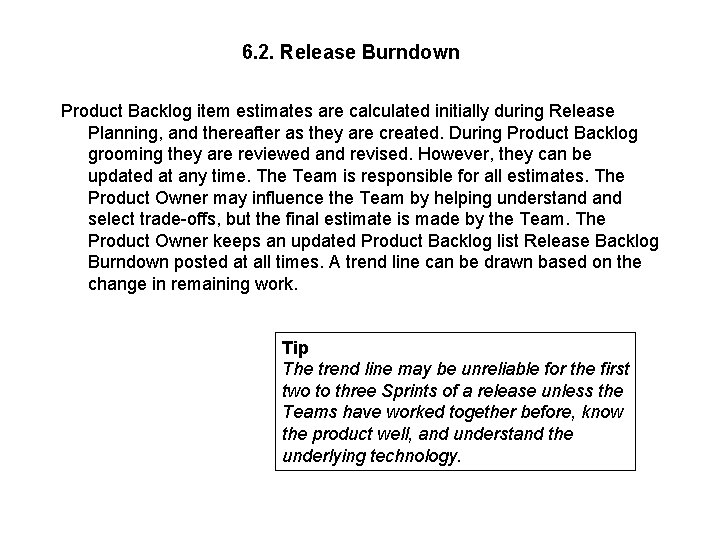 6. 2. Release Burndown Product Backlog item estimates are calculated initially during Release Planning,