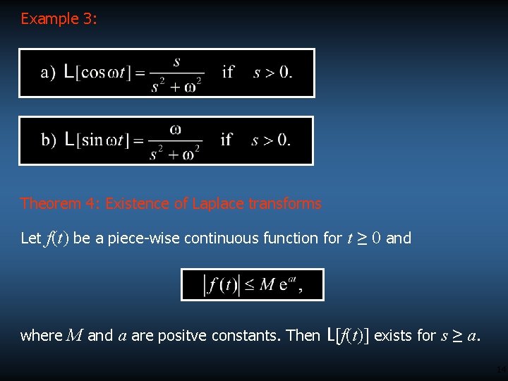 Example 3: Theorem 4: Existence of Laplace transforms Let f(t) be a piece-wise continuous