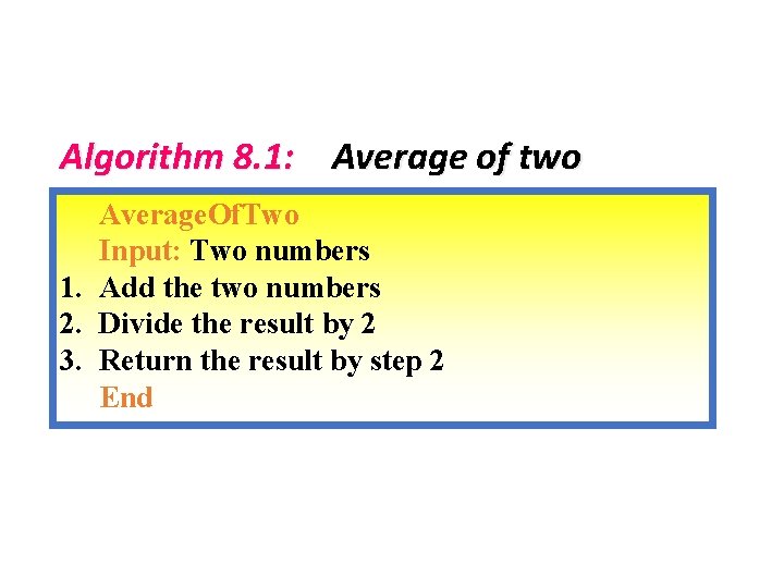 Algorithm 8. 1: Average of two Average. Of. Two Input: Two numbers 1. Add