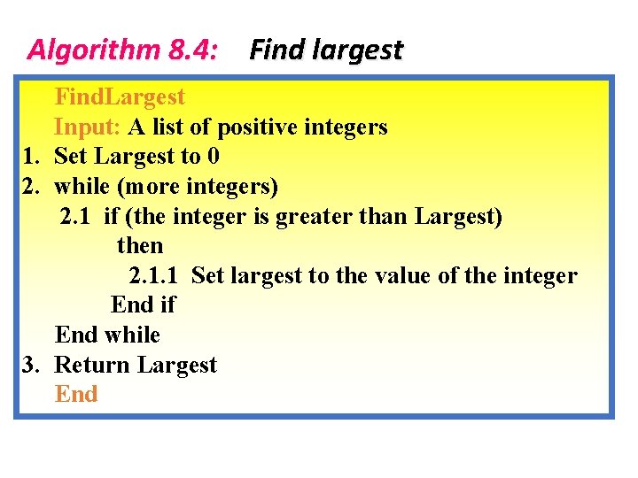 Algorithm 8. 4: Find largest Find. Largest Input: A list of positive integers 1.