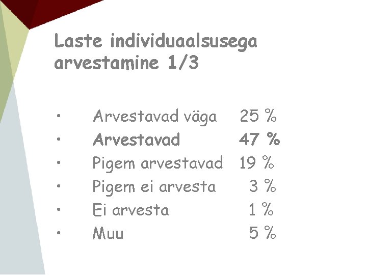 Laste individuaalsusega arvestamine 1/3 • • • Arvestavad väga 25 % Arvestavad 47 %